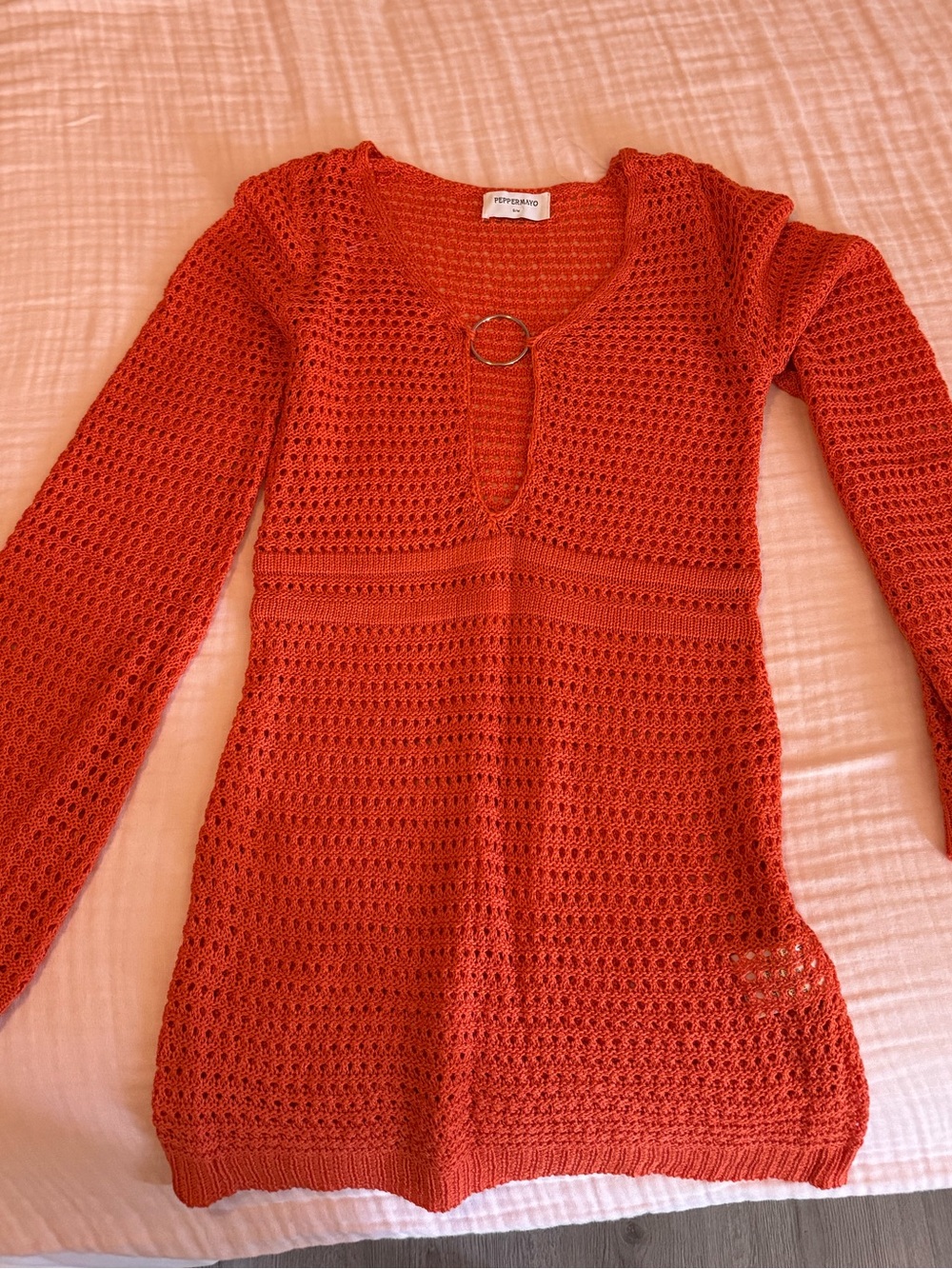 Peppermayo Sunriser Orange Crochet Long Sleeve Mini Dress with Ring Detail